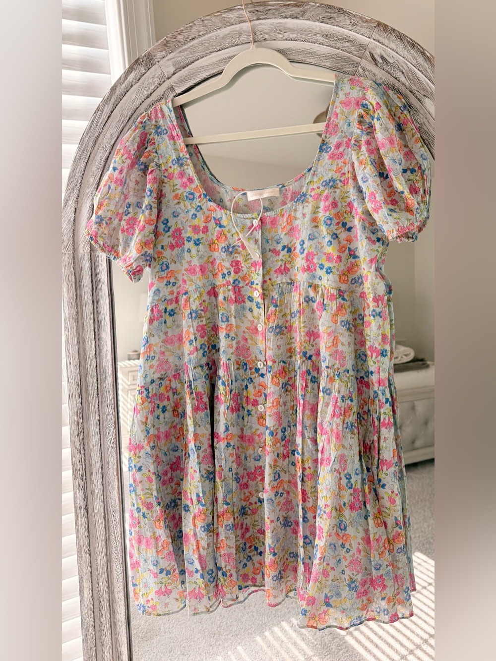LoveShackFancy Women's Runa Floral Printed Tiered Cotton Mini Short Dress Size L
